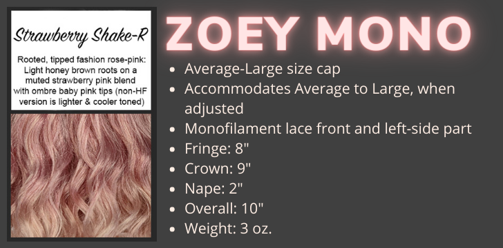 Color swatch and product specifications for the Zoey Mono wig in the color Strawberry Shake Rooted by Wigs Forever