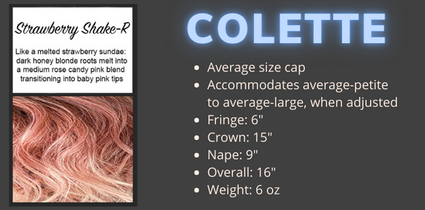 Color swatch and product specifications for the Colette wig in Strawberry Shake-R