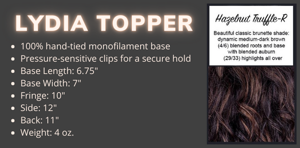 Color swatch and product specifications for the Lydia Topper in Hazelnut Truffle-R by Wigs Forever