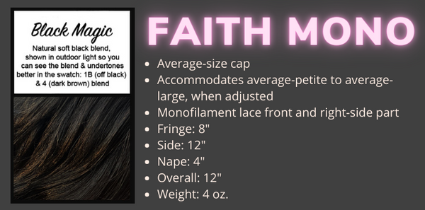 Color swatch and product specifications for the Faith Mono Wig in the color Black Magic by Wigs Forever