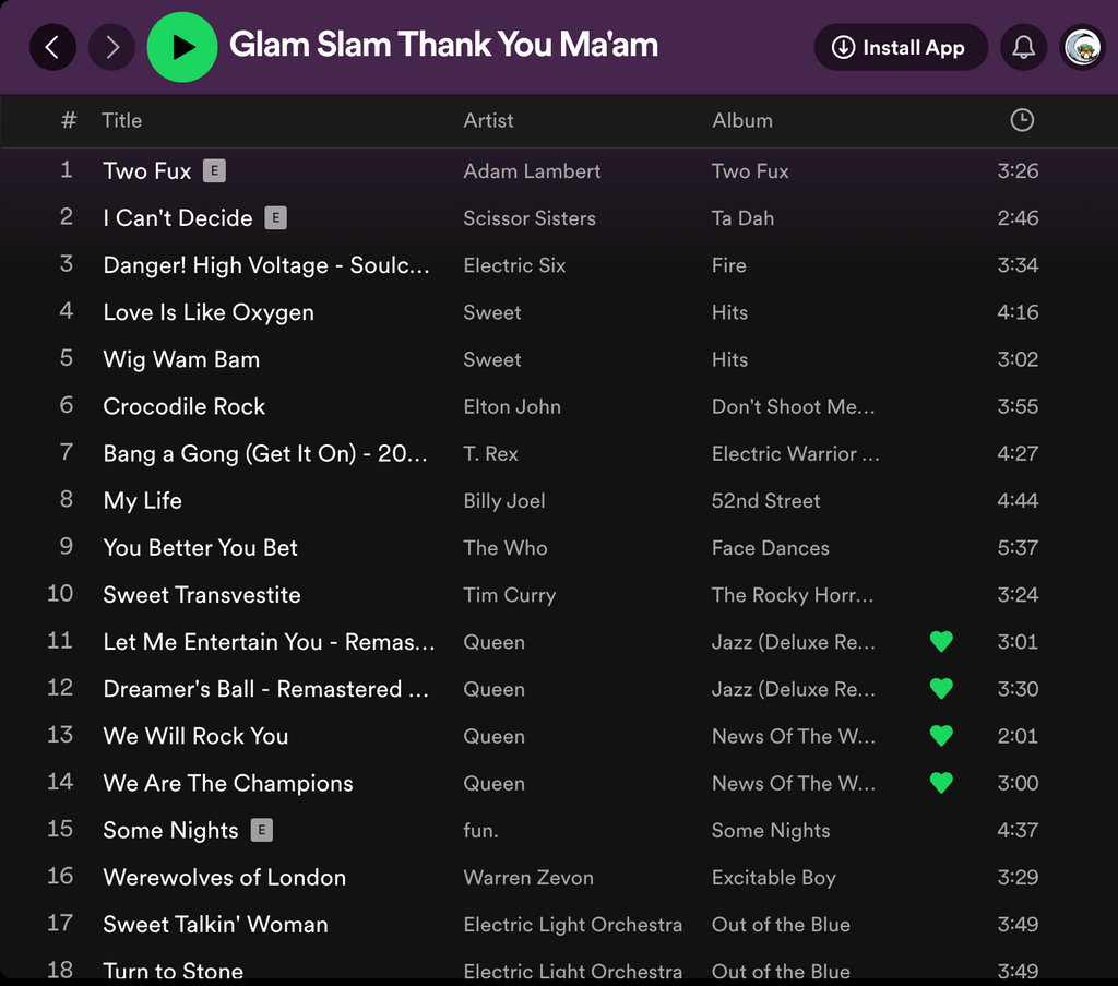 Click here to listen to our Glam Slam Thank You Ma'am playlist