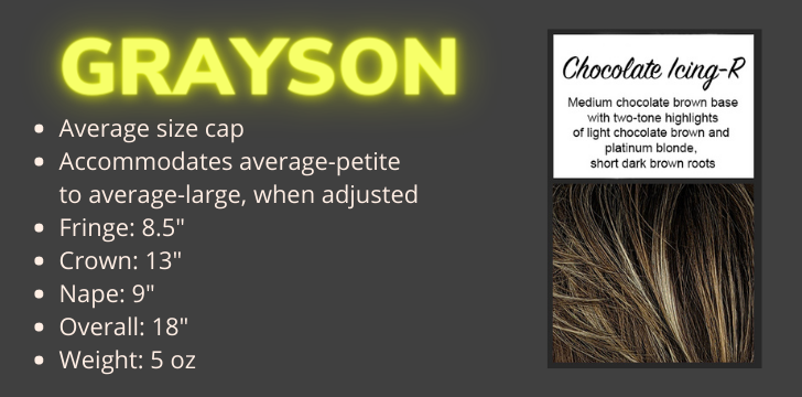 Grayson by CysterWigs Limited is a shaggy bob hybrid in an approachable medium length. Color is Chocolate Icing Rooted!