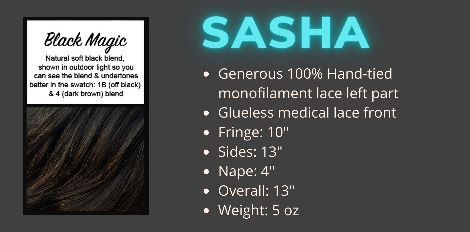 Product specifications and color swatch for Sasha Mono Topper in the color Black Magic