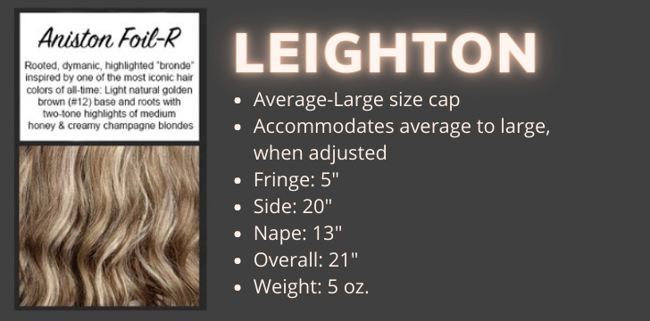 Color Swatch and Product specifications for the Leighton Wig in the color Aniston Foil Rooted by Wigs Forever