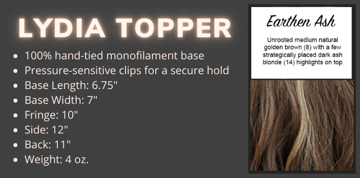 Color swatch and poduct specifications for the Lydia topper by Wigs Forever in the color Earthen Ash