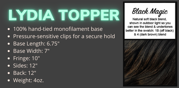 Color swatch and product specifications for the Lydia Topper in the color Black Magic by Wigs Forever