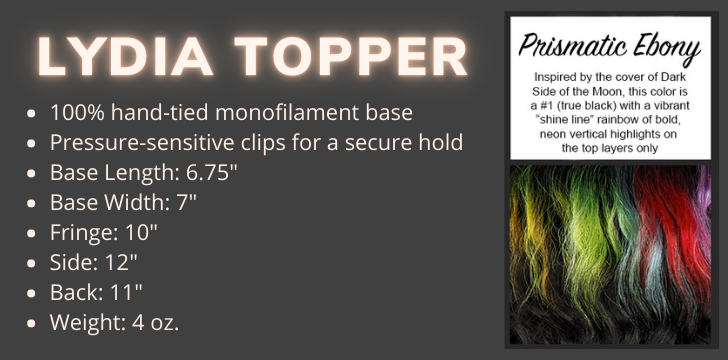Color swatch and product specifications for the Lydia topper in the color Prismatic Ebony Rooted by Wigs Forever