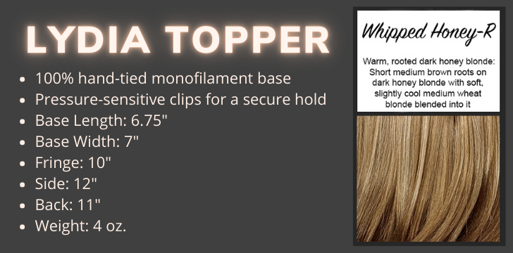 Color swatch and product specifications for the Lydia topper in the color Whipped Honey Rooted by Wigs Forever