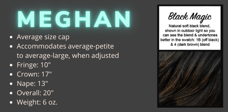 Color Swatch and Product Specifications for the Meghan wig in the color Black Magic by Wigs Forever