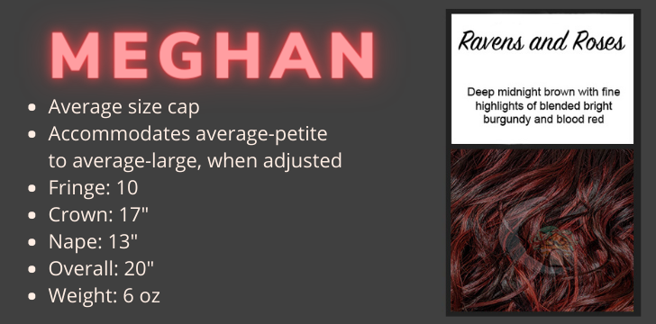 Color swatch and product specifications for the Meghan Mono wig in the color Ravens and Roses Rooted by Wigs Forever