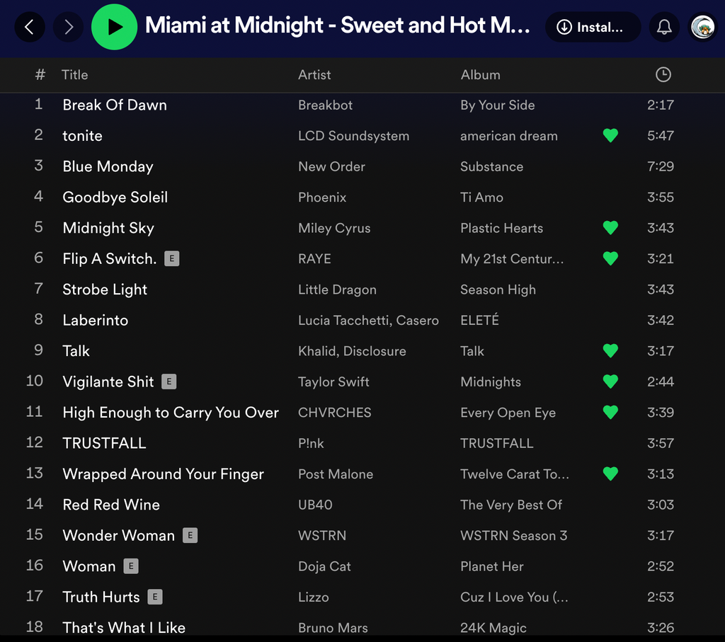 the first 18 songs on Miami at Midnight (NSFW)