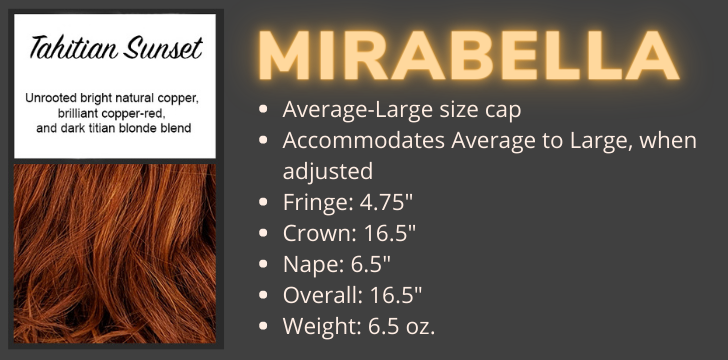 Color swatch and product specifications for the Mirabella wig in the color Tahitian Sunset by Wigs Forever