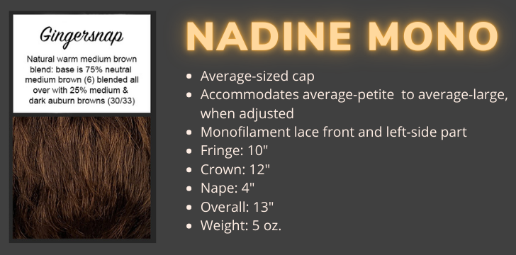 Color swatch and product specifications for the Nadine Mono wig in the colour Ginger Snap by Wigs Forever