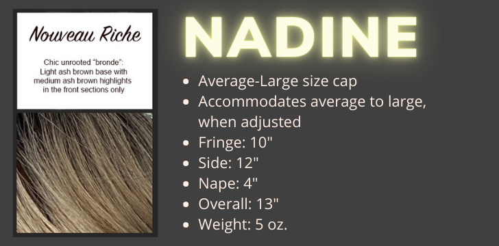 Color swatch and product specifications for the Nadine Mono wig in the color Nouveau Riche Unrooted