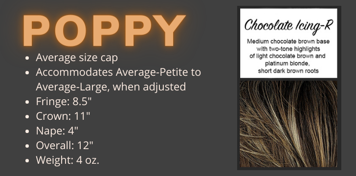 Color swatch and product specifications for the Poppy wig in the color Chocolate Icing Rooted by CysterWigs Limited