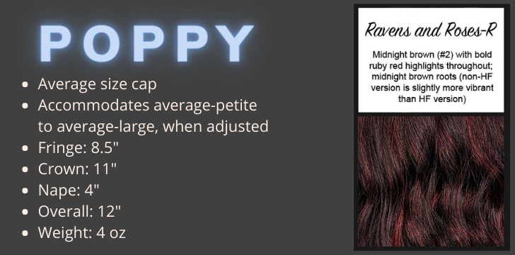 Color swatch and product specifications for the Poppy Wig in the color Ravens and Roses Rooted by CysterWigs Limited