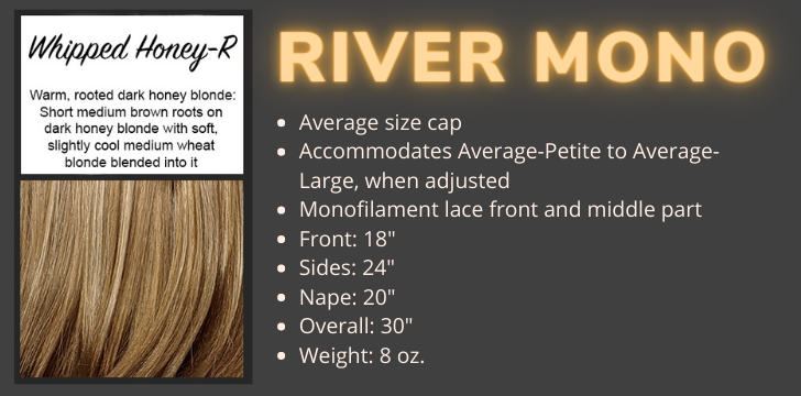 Color swatch and product specifications for the River Mono wig in the color Whipped Honey Rooted by Wigs Forever