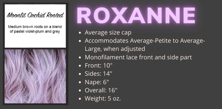 Color swatch and product specifications for the Roxanne Mono wig in the color Moonlit Orchid Rooted by Wigs Forever