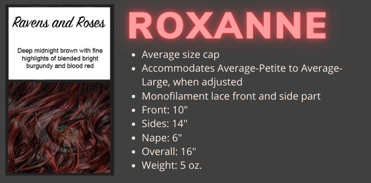 Color swatch and product specifications for the Roxanne Mono wig in the color Ravens and Roses Rooted by Wigs Forever