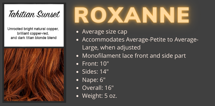 Color swatch and product specifications for the Roxanne Mono wig in the color Tahitian Sunset by Wigs Forever