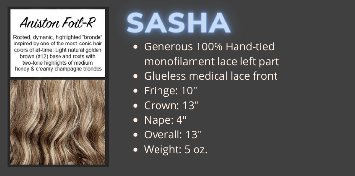 Color Swatch and Product Specifications for the Sasha wig in the color Aniston Foil Rooted by Wigs Forever
