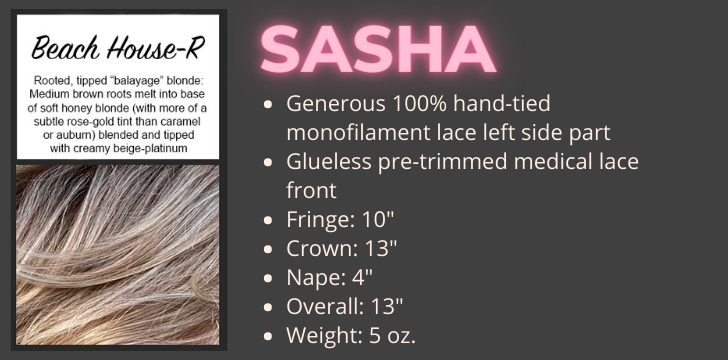 Color swatch and product specifications for the Sasha wig in the color Beach House Rooted by Wigs Forever