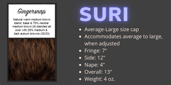 Color swatch and product specifications for the Suri Wig in the color Ginger Snap by Wigs Forever