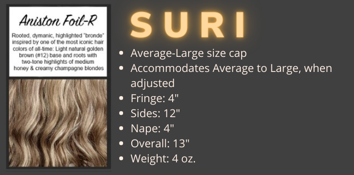 Color Swatch and Product Specifications for the Suri Wig in the color Aniston Foil Rooted by Wigs Forever