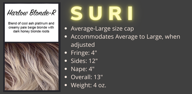 Color Swatch and Product Specifications for the Suri Wig in the color Harlow Blonde Rooted by Wigs Forever