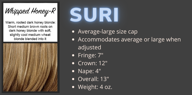 Color swatch and product specifications for the Suri Wig in the color Whipped Honey Rooted by Wigs Forever