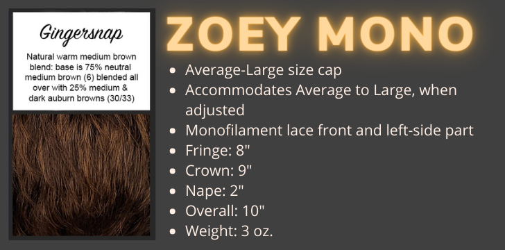 Color swatch and product specifications for the Zoey Mono wig in the color Ginger Snap by Wigs Forever