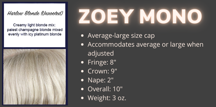 Color swatch and product specifications for the Zoey Mono Wig in the color Harlow Blonde Unrooted by Wigs Forever