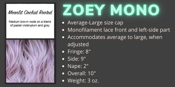 Color swatch and product specifications for the Zoey Mono Wig in the color Moonlit Orchid Rooted by Wigs Forever