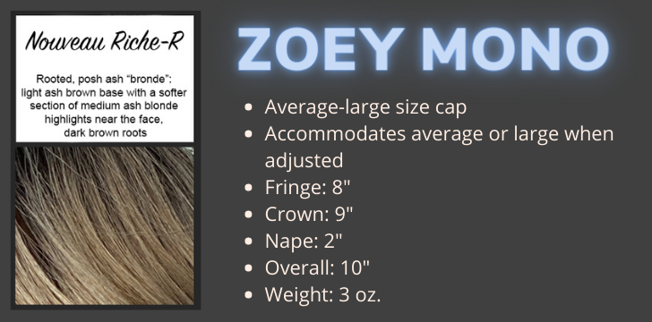 Color swatch and product specifications for the Zoey Mono wig in the color Nouveau Riche Rooted by Wigs Forever