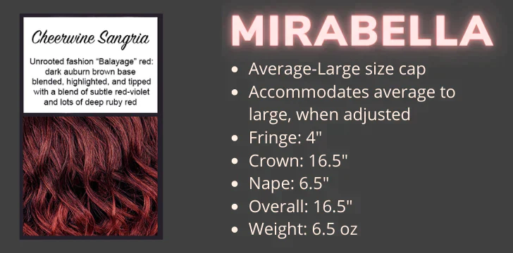 Color swatch and product specifications for the Mirabella wig in the color Cheerwine Sangria by Wigs Forever