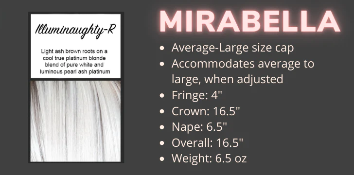 Color swatch and product specifications for the Mirabella wig in the color Illuminaughty Rooted by Wigs Forever
