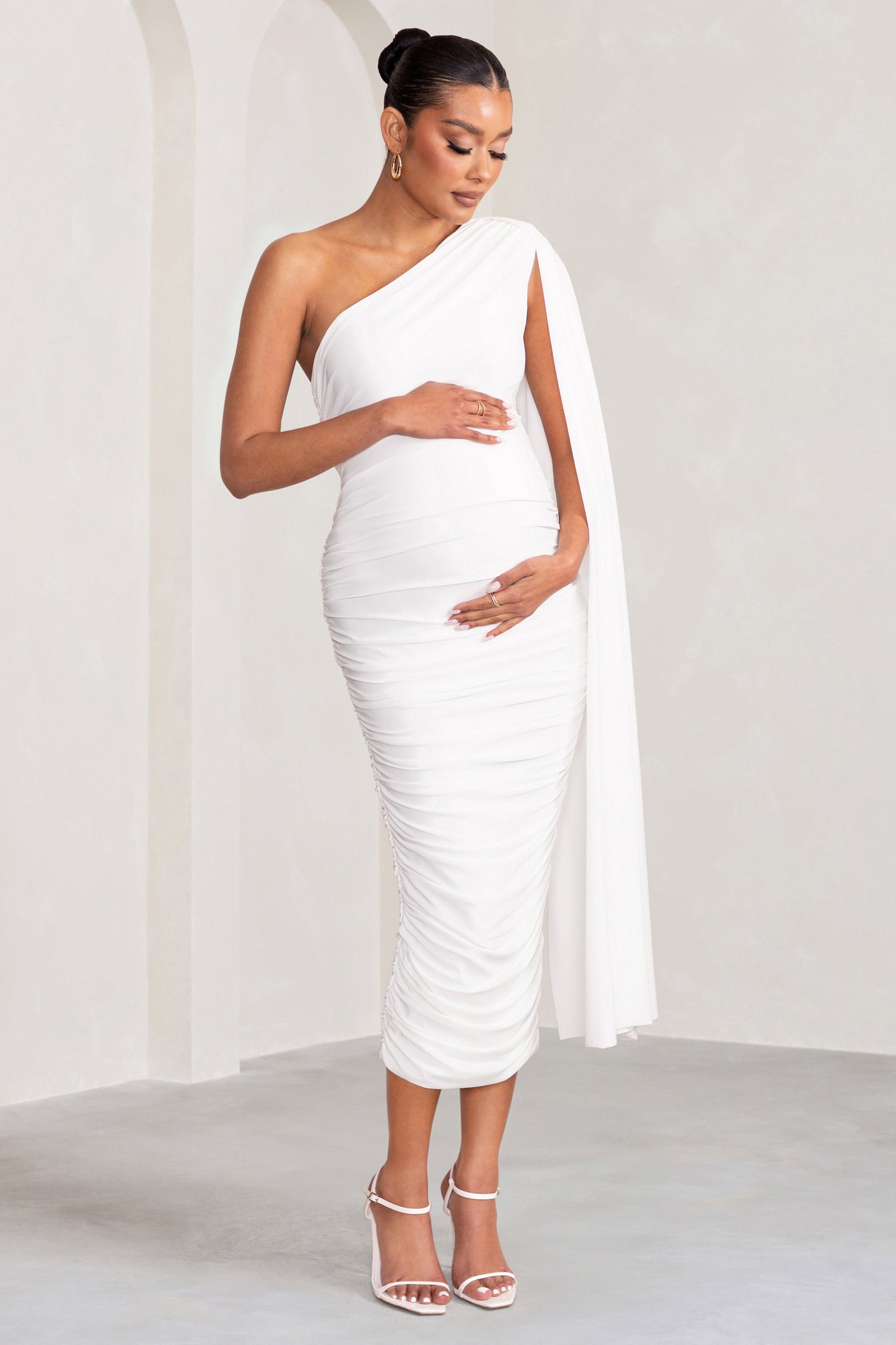 Aroma White Ruched Mesh Maternity Midi Dress With Ruffled Sleeves