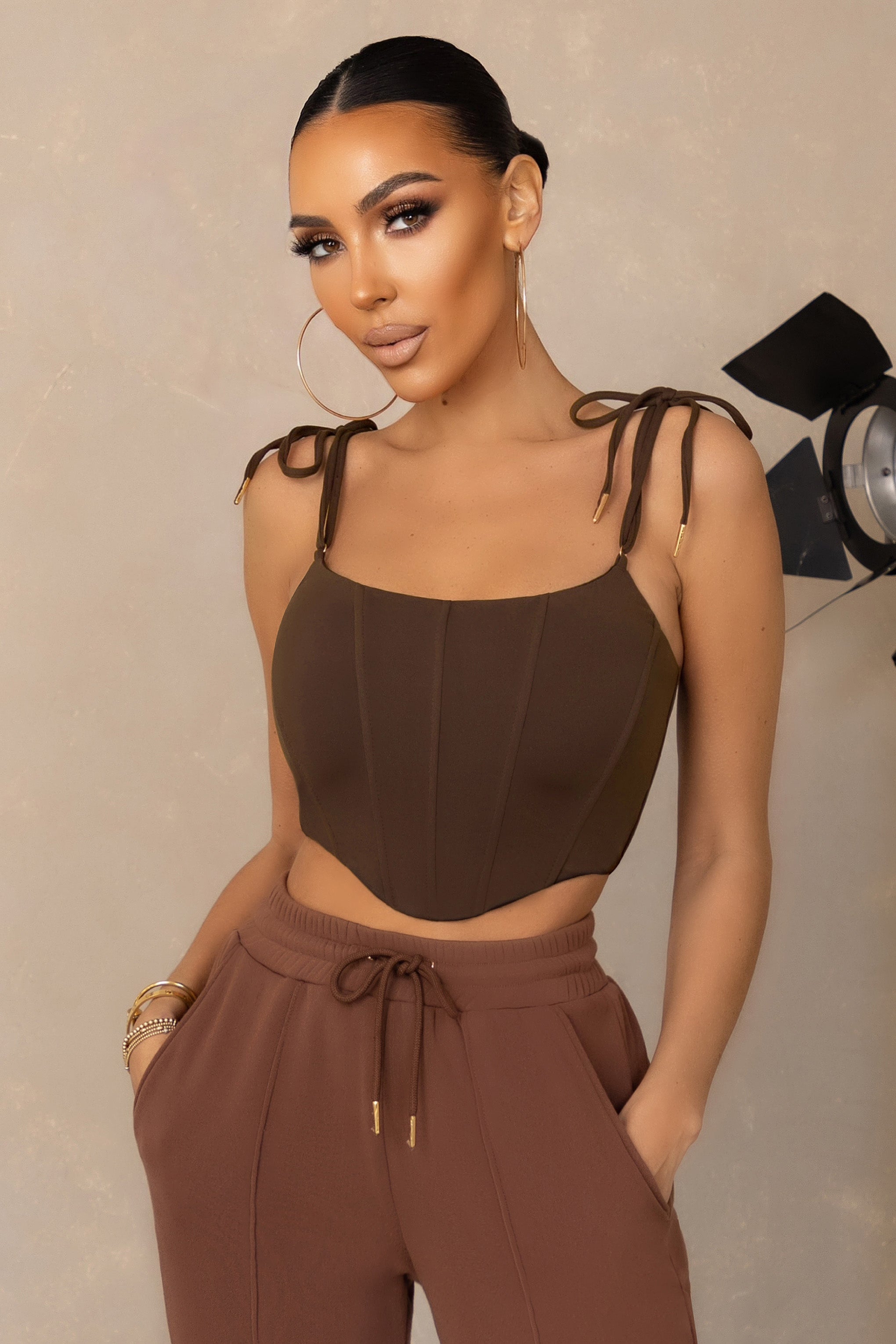 Hold Up | Brown Tie Cami Strap Corset Crop Top product