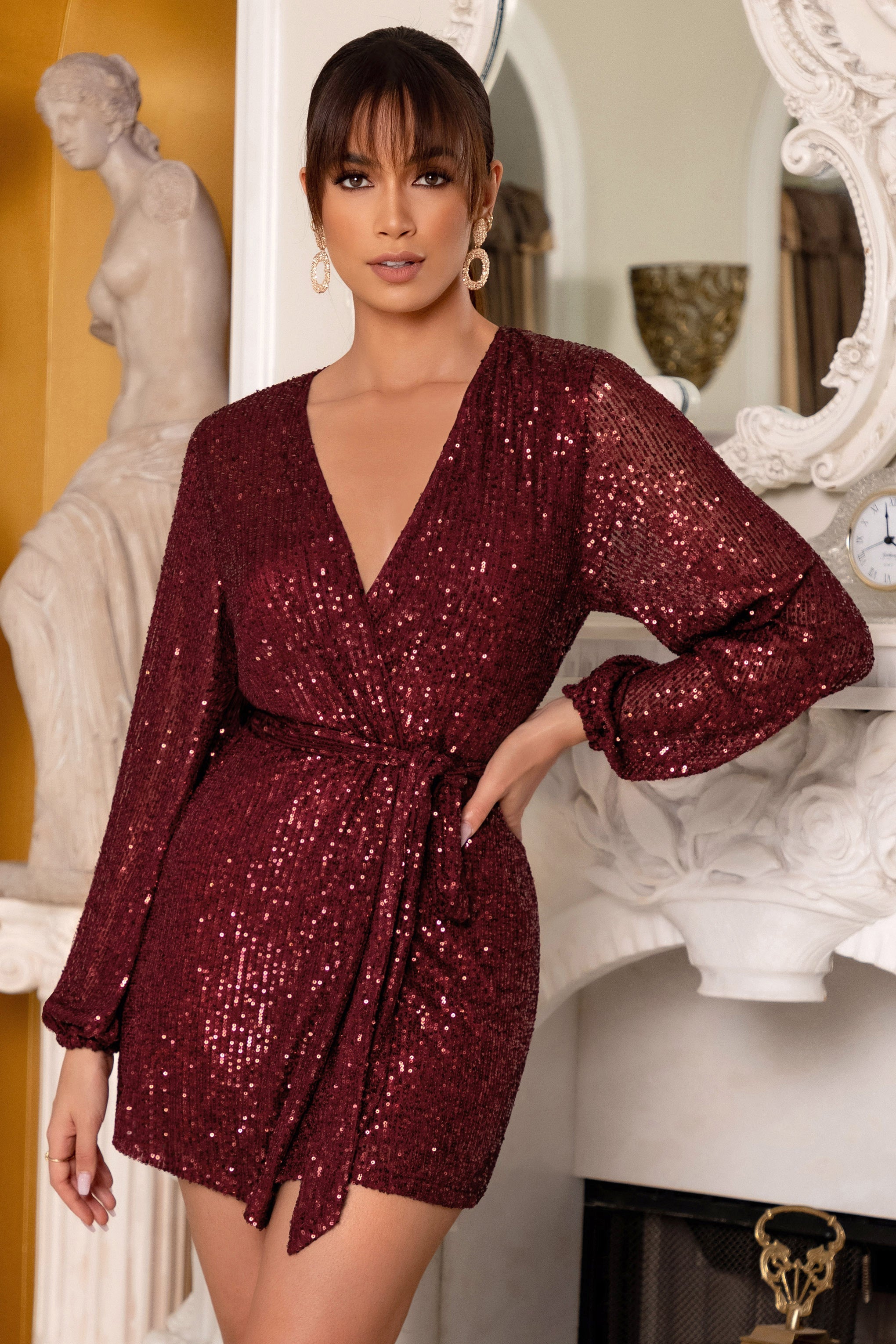 In Awe | Petite Berry Sequin Wrap Long Sleeve Belted Mini Dress
