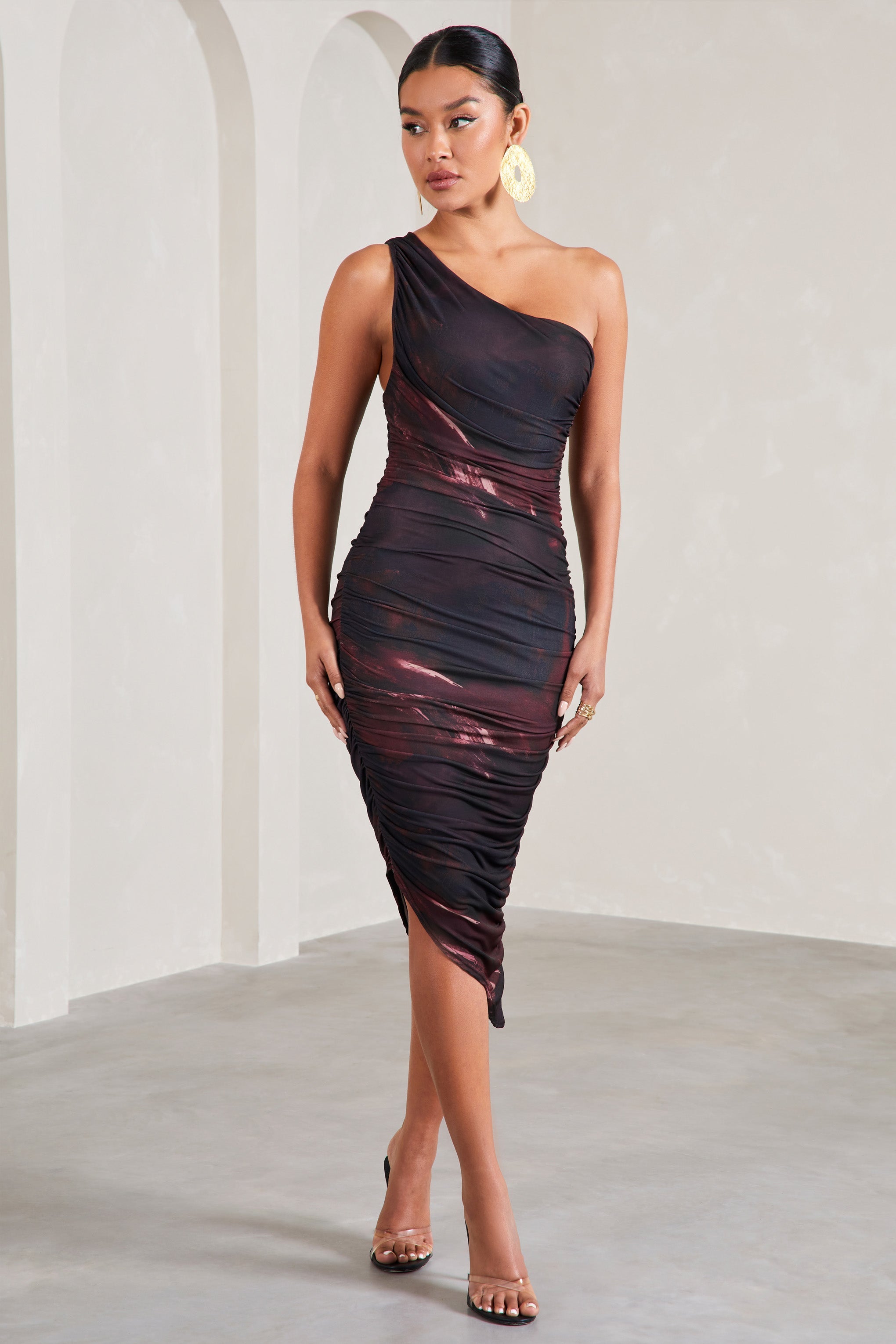 Dorit | Plum Print One Shoulder Asymmetric Ruched Midi Dress
