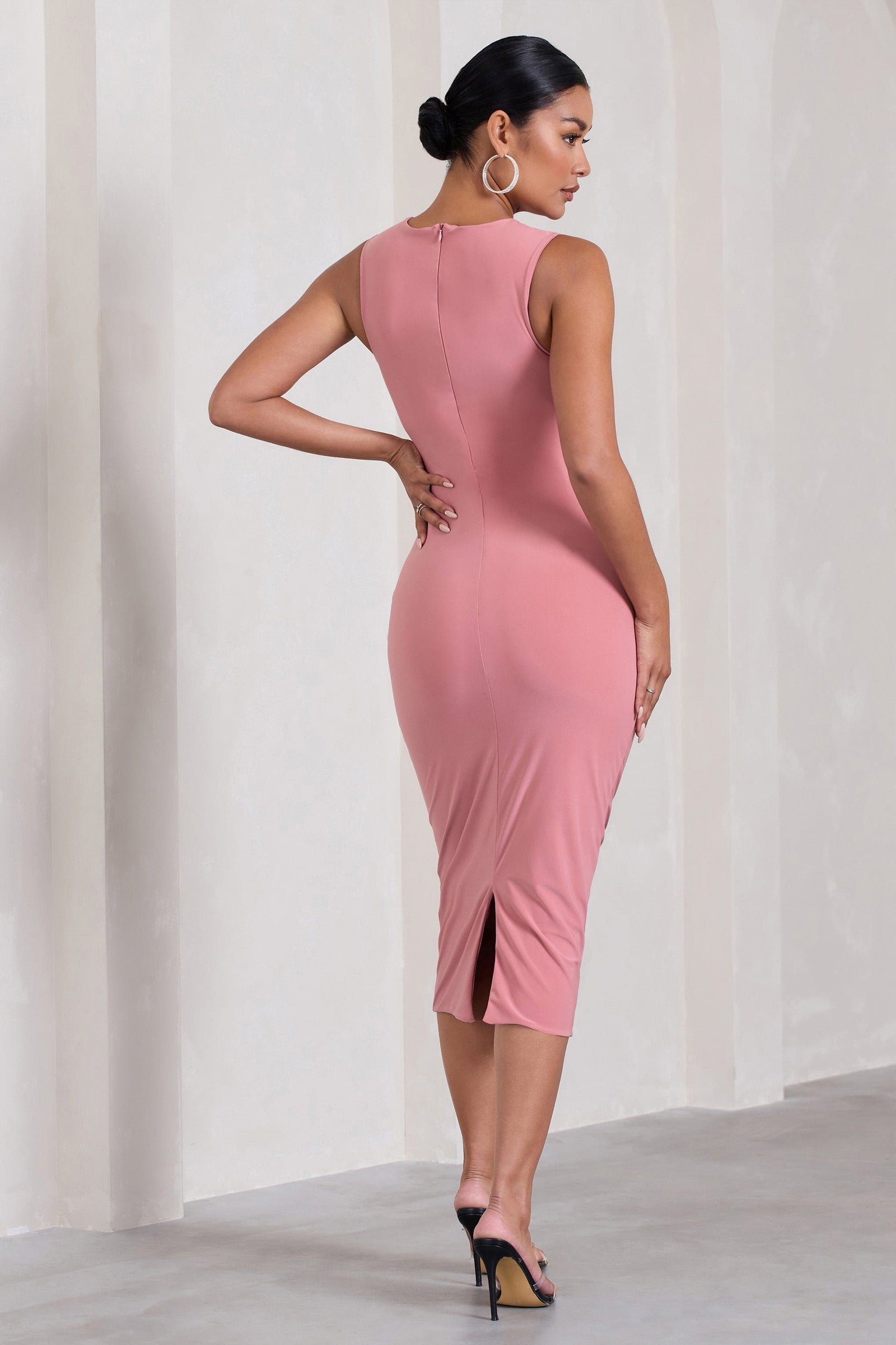 Alight Fuchsia Pink Ruched Mesh Sleeveless Bodycon Midi Dress