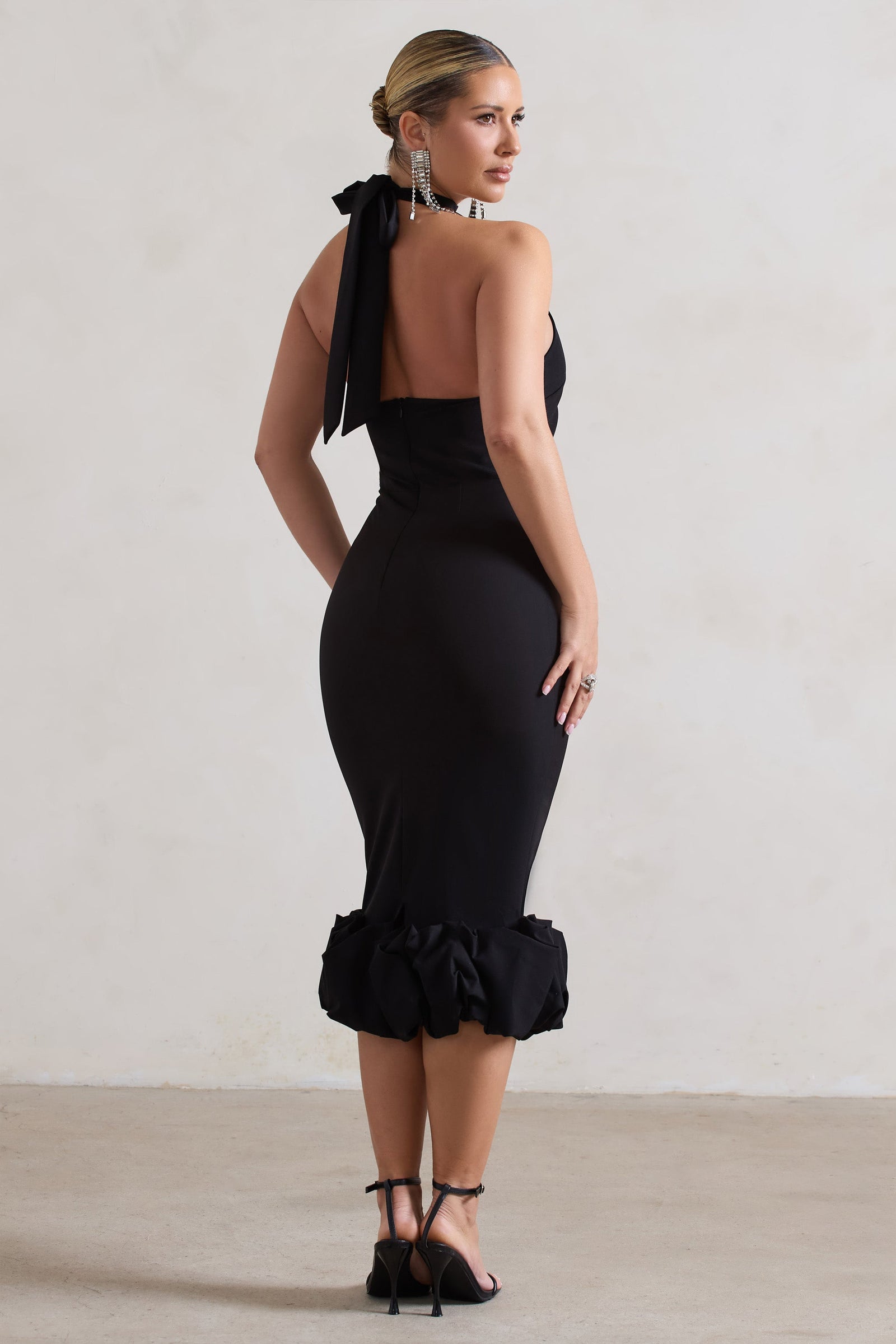 Nicki Black Sequin Bandeau Midi Dress With Asymmetric Feather Trim