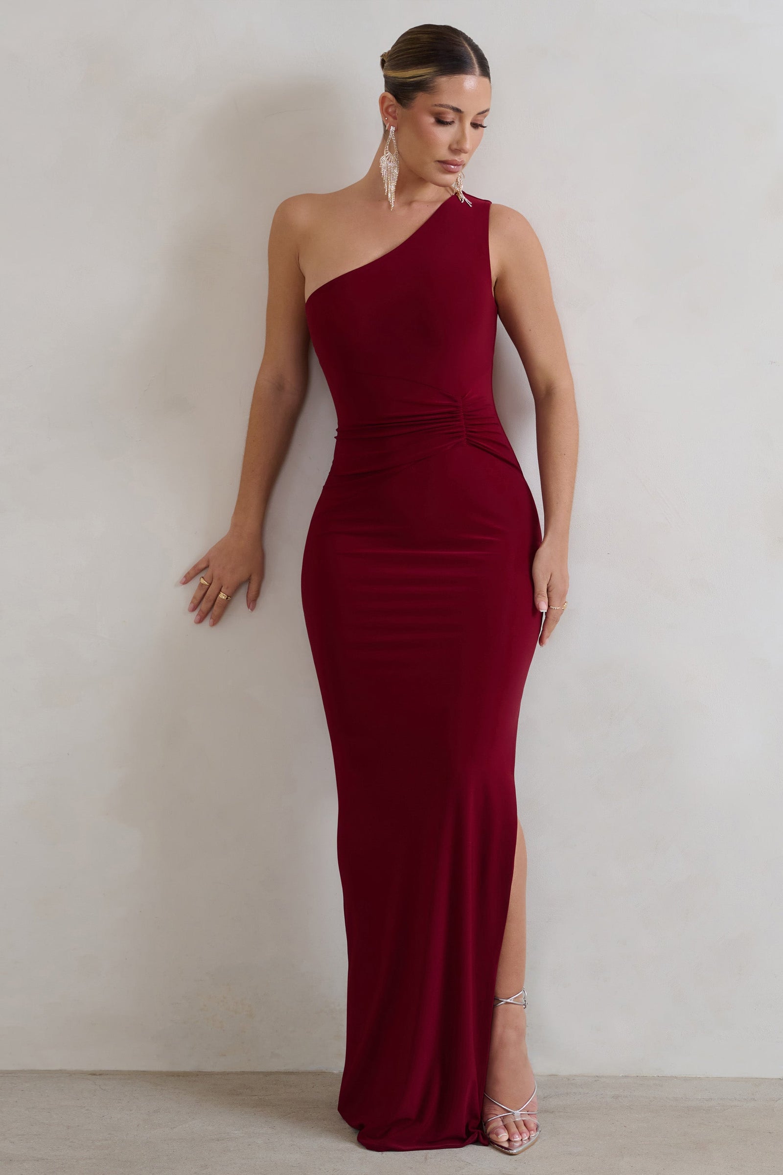 Belle of The Ball Red Bandeau Maxi Dress With Split Hem – Club L