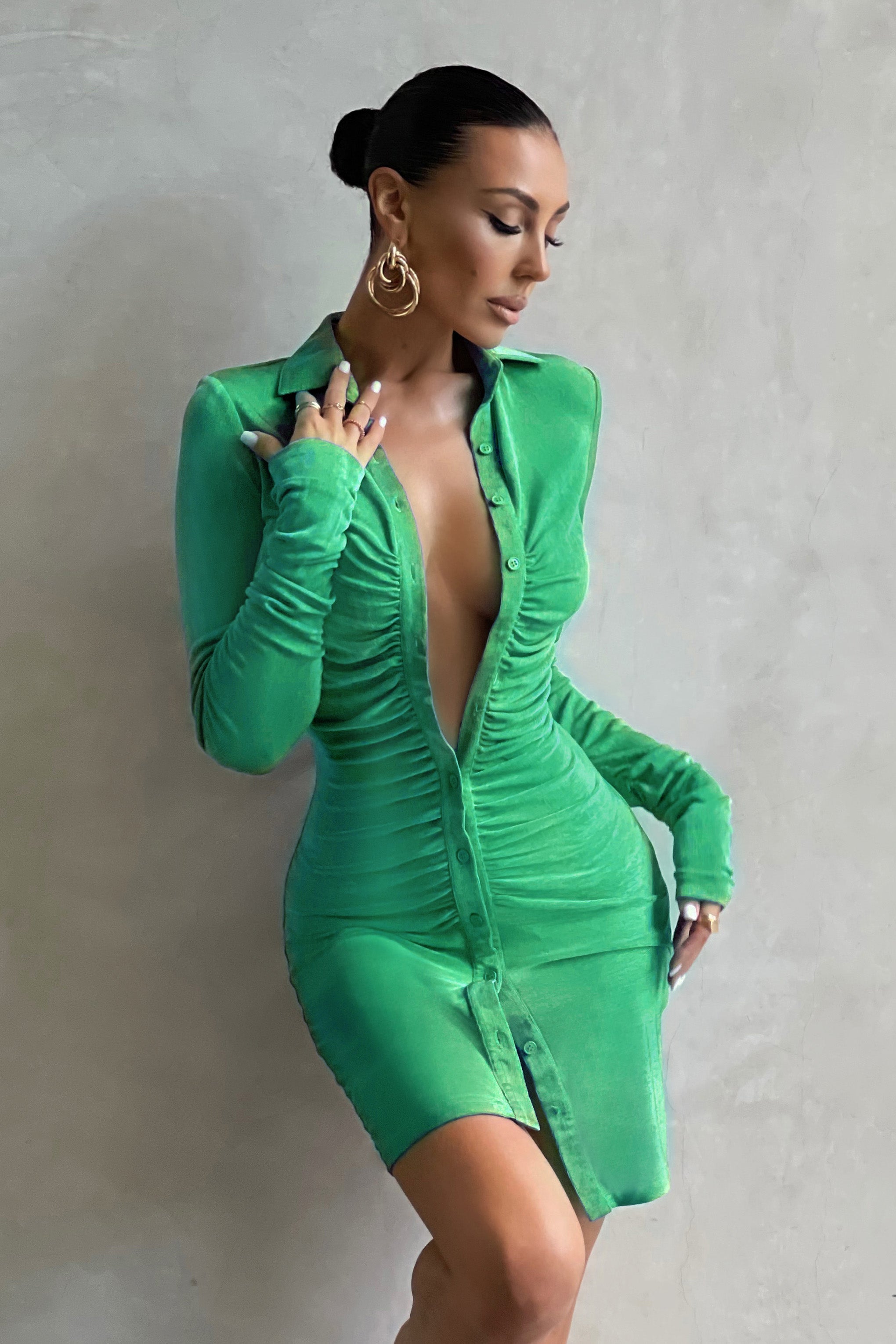 One To Remember | Green Bodycon Ruched Long Sleeve Shirt Mini Dress product