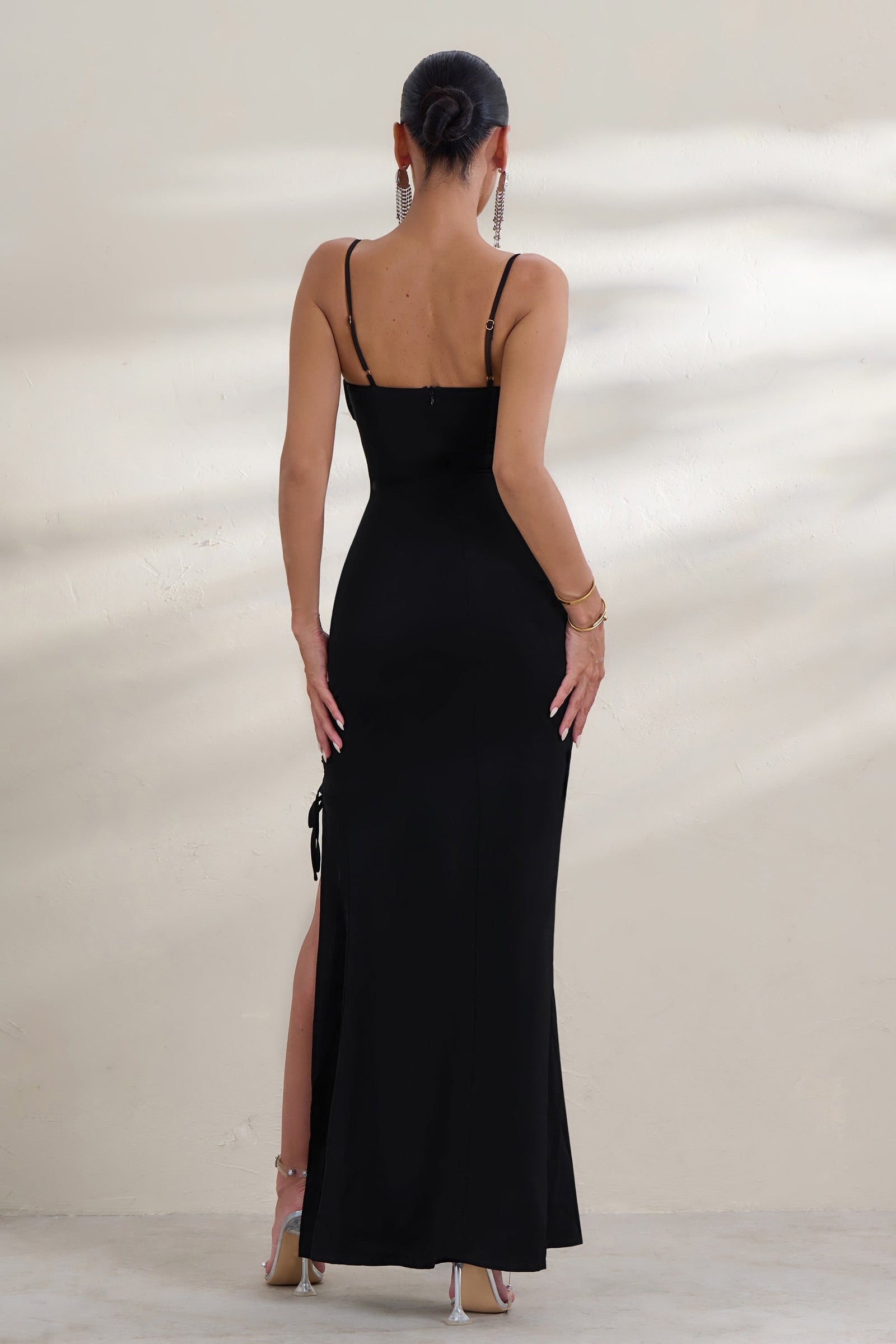 Romancing Black Thigh Split Corset Strapless Maxi Dress – Club L