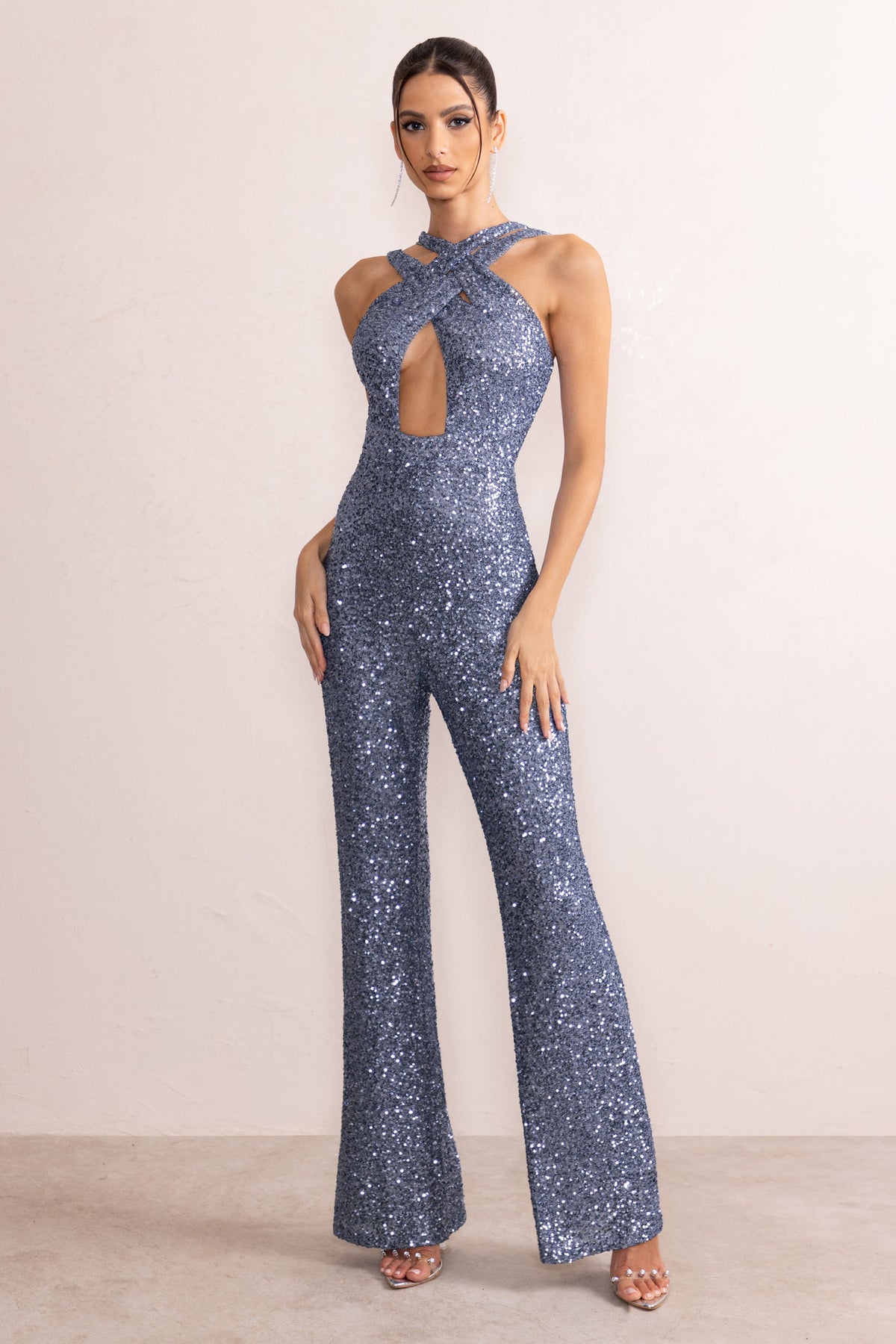 blue flare jumpsuit