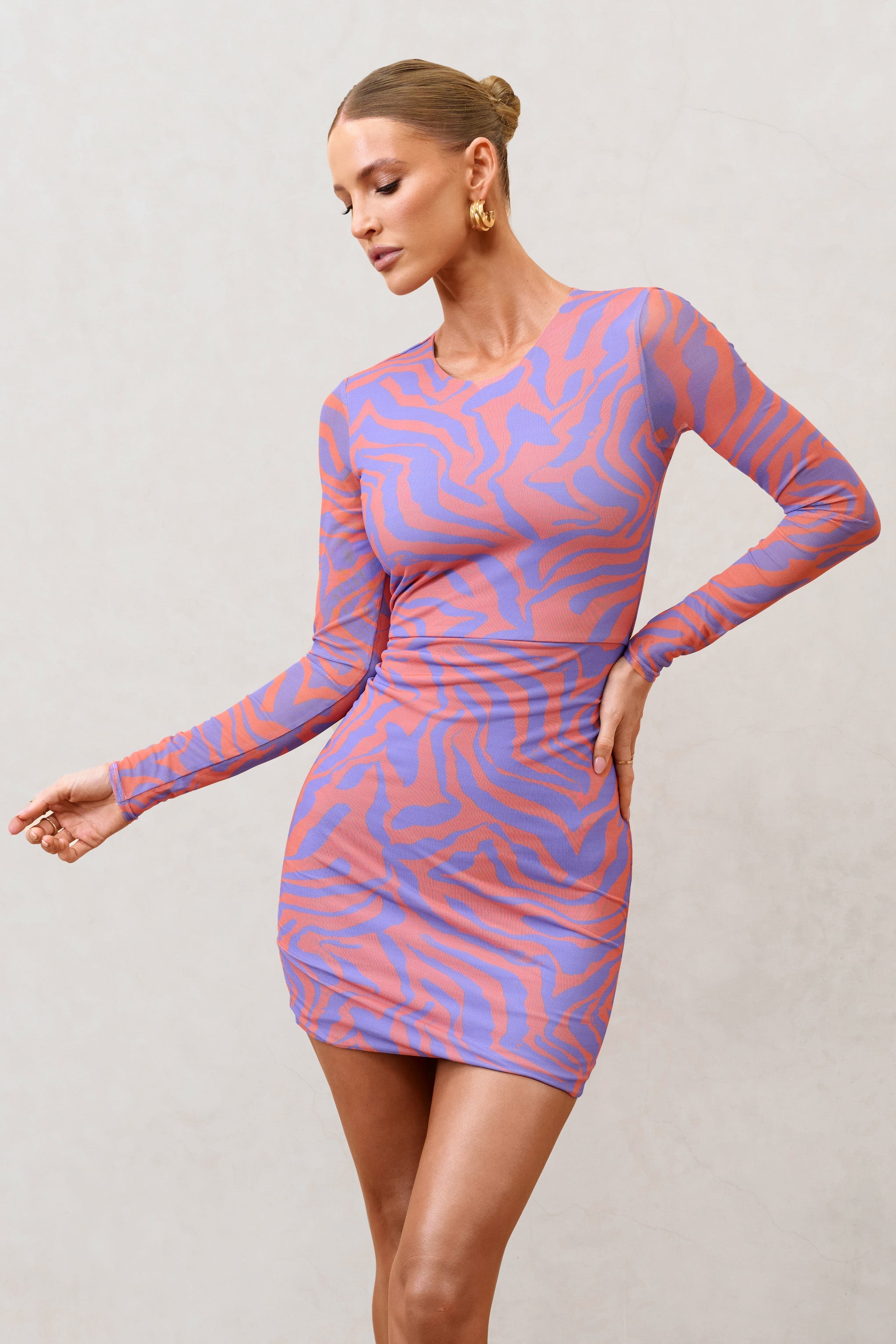Night Sky | Orange Zebra Print Mesh Long Sleeves Mini Dress