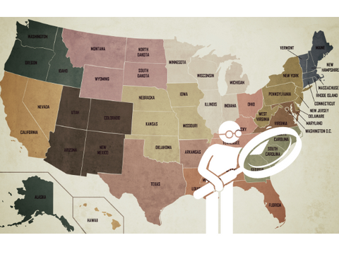 character holding magnifying glass over a map of the US, focused on south carolina