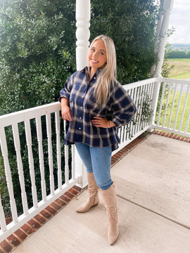 Navy Plaid Oversized Top