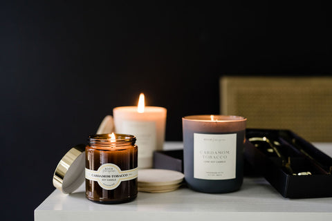 Clean burning cardamom tobacco soy wax candles are eco-friendly and scent your home.